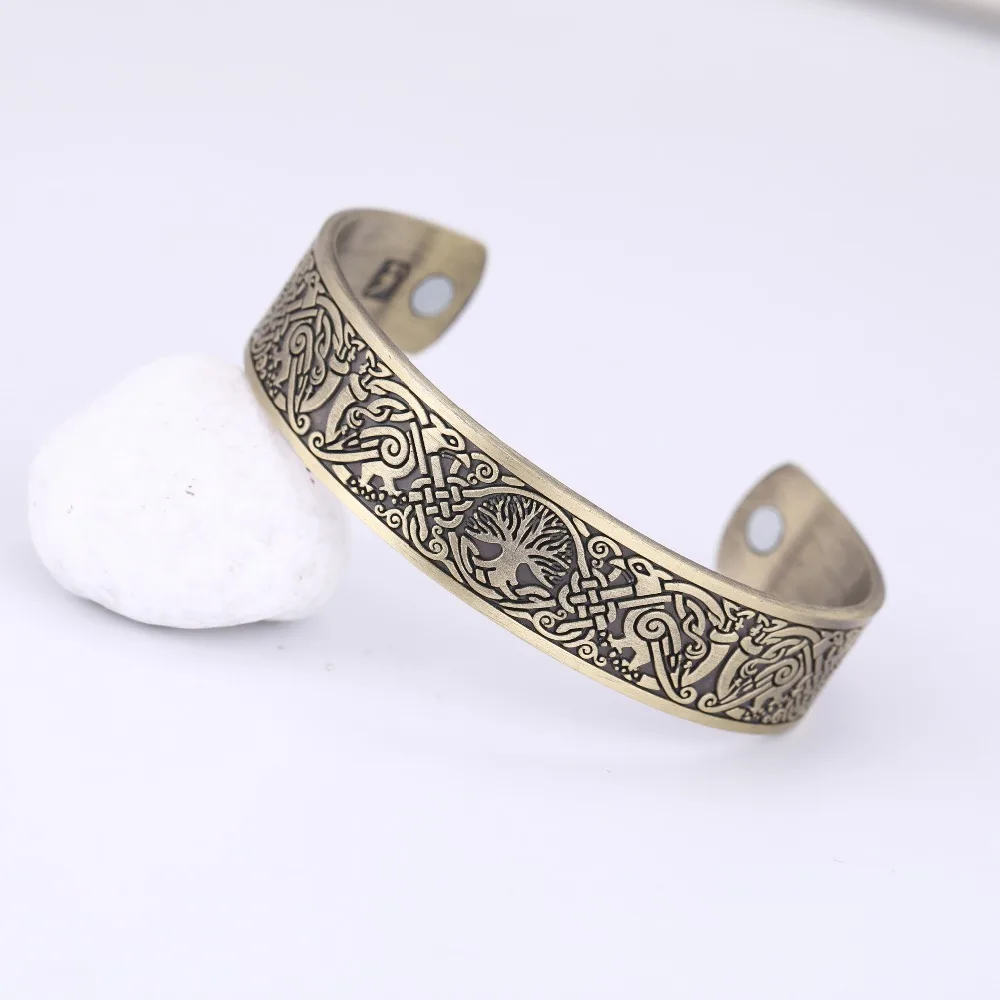 Skyrim Vintage Tree of Life Ravens Birds Cuff Bracelets Magnetic Health Open Viking Amulet Bangles For Men Nordic Myth Jewelry