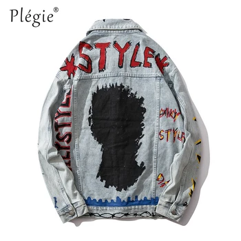 

Plegie Mens Letter Graffiti Jeans Jacket Streetwear Hip Hop Male Vintage Washed Denim Jacket New Fashion Unisex Oversize Jackets