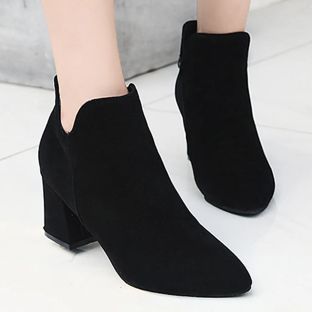 

Woman Boots Winter Booties Woman Short Ankle Boots Flock Square Med Heels Square Toe Flock Short Plush Solid Slip On Boots#3