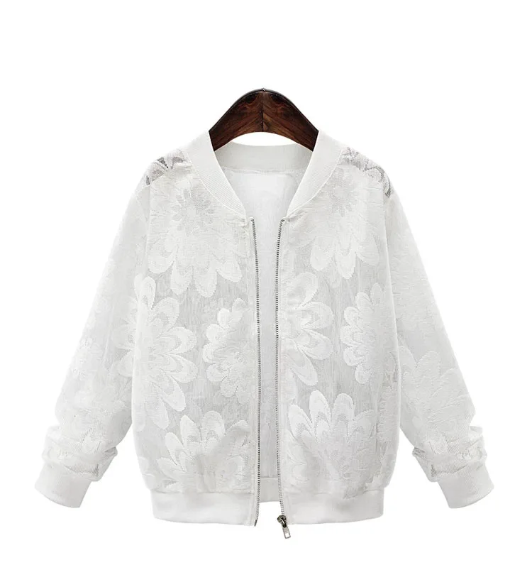 

Lace Women Basic Coats Long Sleeve Patchwork Transparent Zipper Casual Slim Jacket Coat Bomber Jacket Outwear