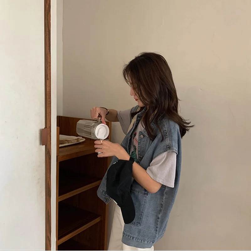 Cowboy Vest Female Spring Autumn Loose Women Vest Korean Wild Bf Harajuku Wind Tooling Sleeveless Vest Jacket OS203