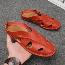 Мужские сандалии; Простые Модные кожаные пляжные сандалии в стиле ретро; мужская одежда; нескользящие сандалии без застежки; Летняя обувь