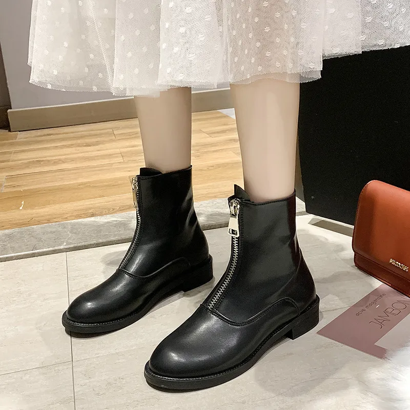 

New Style Boots Women's British-Style 2019 Zipper Martin Versatile Front Autumn And Winter Retro in Block Heel Short Flat Heel S