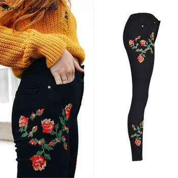 

Cross Stitch Embroidery Jeans Women High Waist Black Elasticity Skinny Jeans Femme Casual Push Up Flower Pattern Denim Trousers