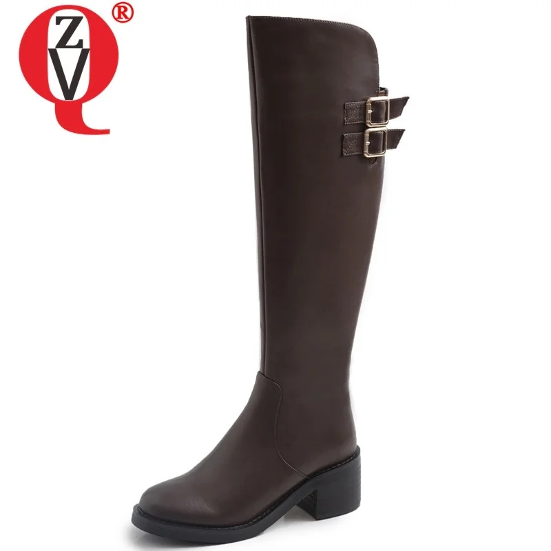 

ZVQ winter newest concise genuine leather knee high boots outside comfortable mid heels zip round toe women shoes drop shipping