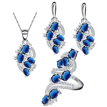 

Blue Sapphire 925 Silver Jewelry Set for Women Earrings Ring Necklace Pendant Wedding Jewelry 2020 New