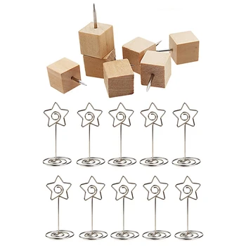 

10Pcs Metal Star Table Number Photo Holder Stands & 60Pcs Square Wood Decorative Push Pins