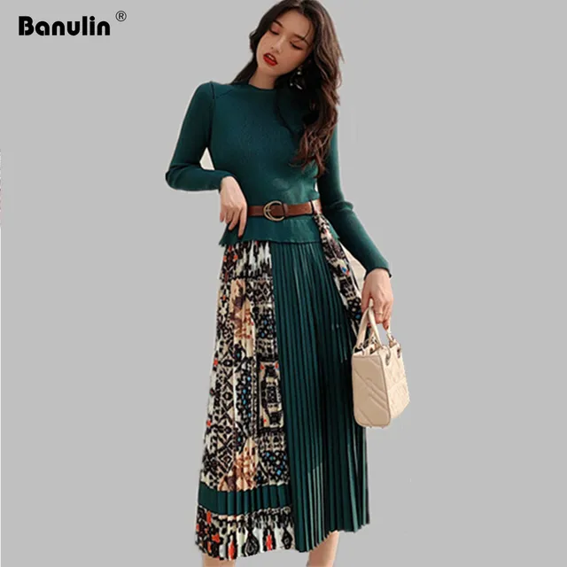 Banulin 2021 New Spring Autumn Elegant Knitted Patchwork Pleated Midi Dress Women Long Sleeve Retro Runway Printing chic Dresses 1