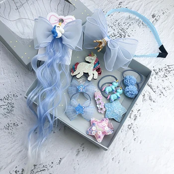 

Children's Hair Accessories Cartoon Princess Girl Lovely Headband For Kids Unicorn Bow Gradient Color Wig Hair Clip Set Gift Box