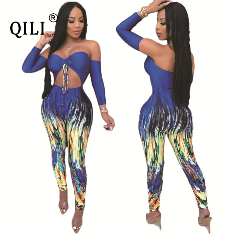 QILI Women Off The Shoulder Sexy Jumpsuits Slash Neck Long Sleeve Hollow Out Drawsthing Bodycon Jumpsuit Club Rompers Plus Size