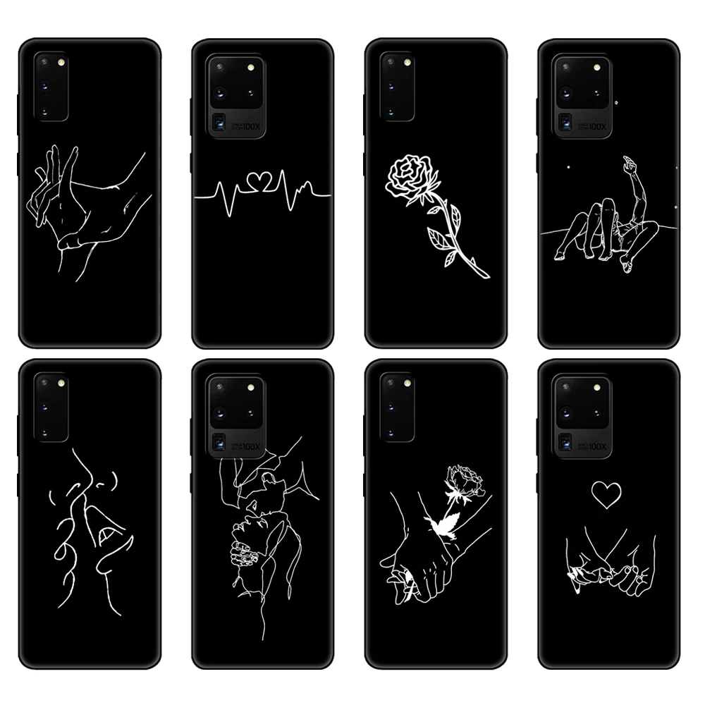 Custodia In Tpu Nera Per Samsung Galaxy S20 /S20 Plus/S20 Ultra/S20 + /S20Fe Cover Posteriore Art White Line Kiss Love Heart Flower Rose Girl
