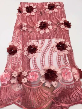 

Pink Color African 3D Net Lace Fabric Beads Embrodiered Guipure Applique Mesh Fabric With Stones 3D Flower Wedding Fabric ZX3089