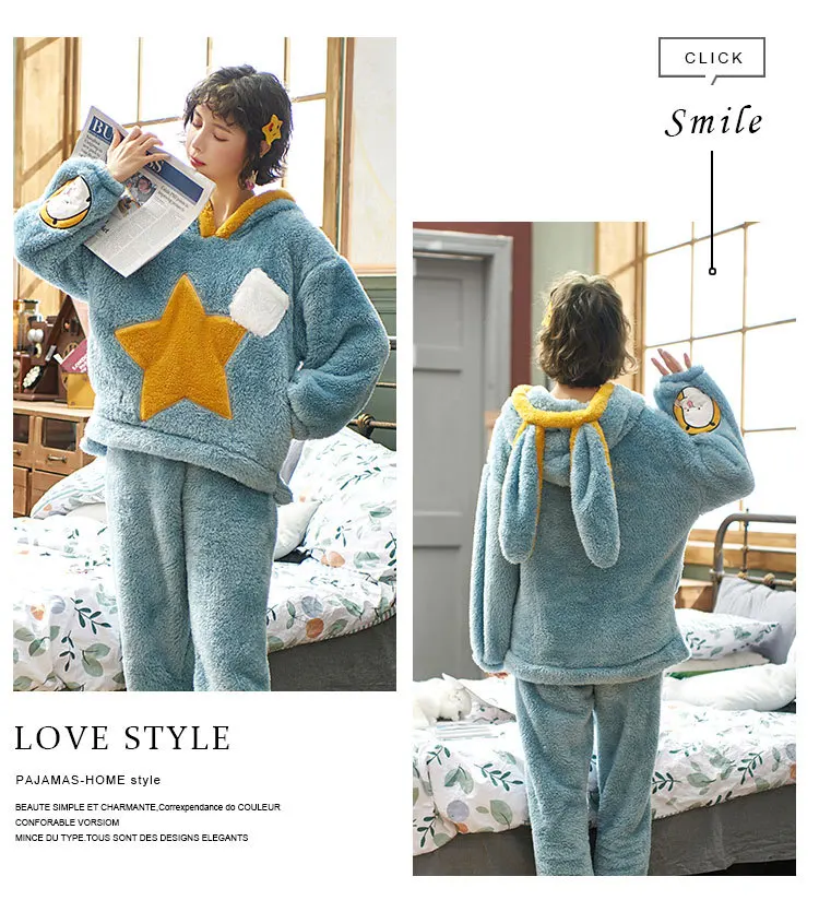 MS Flannel pajamas couple winter warm pajamas couple casual cartoon coral velvet thick pajamas female men pajamas home service