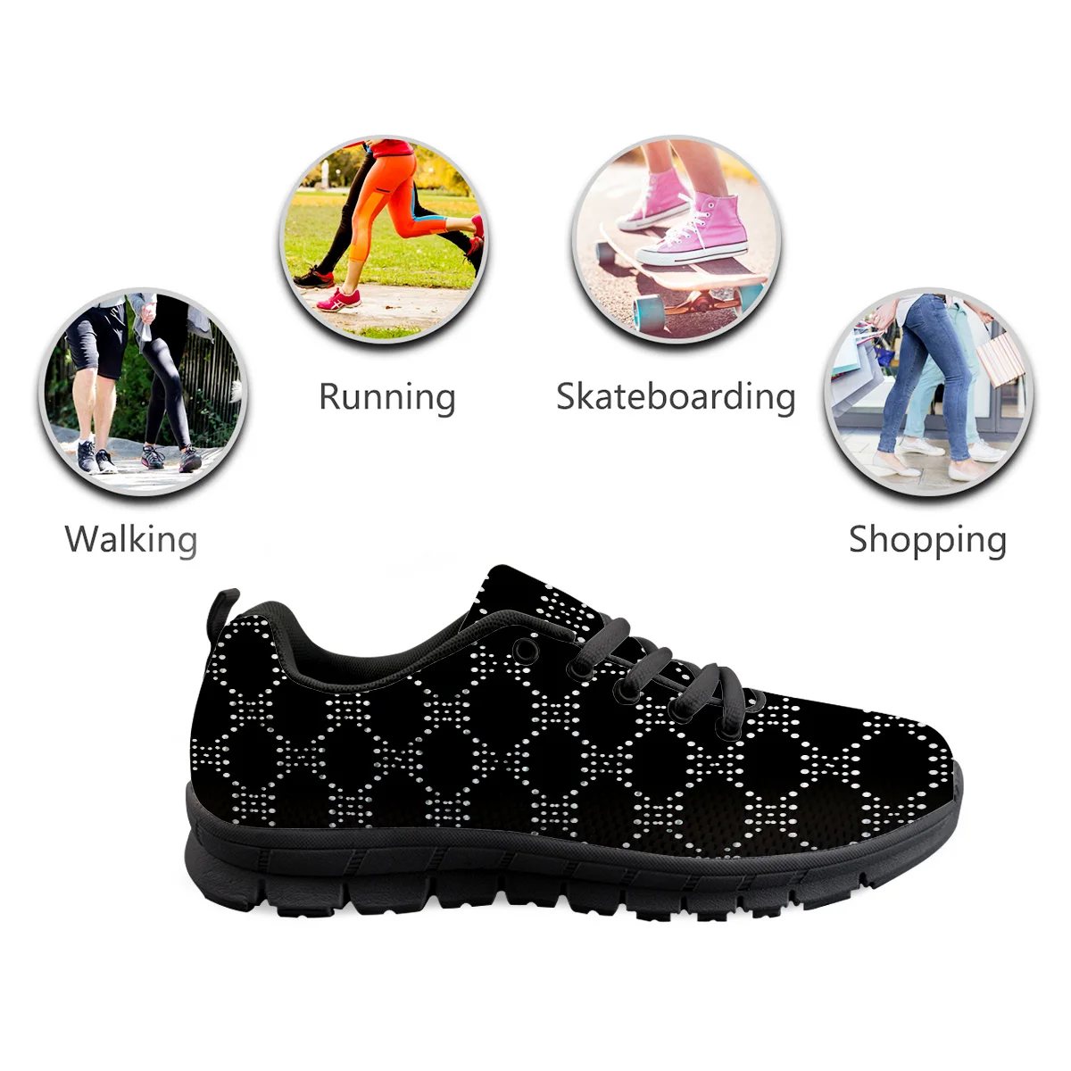 Geometric Wavepoint Black And White Art Printed Black Bottom Comfortable Flats Breathable Sneakers Men Flat Shoes Boy Sport Shoe
