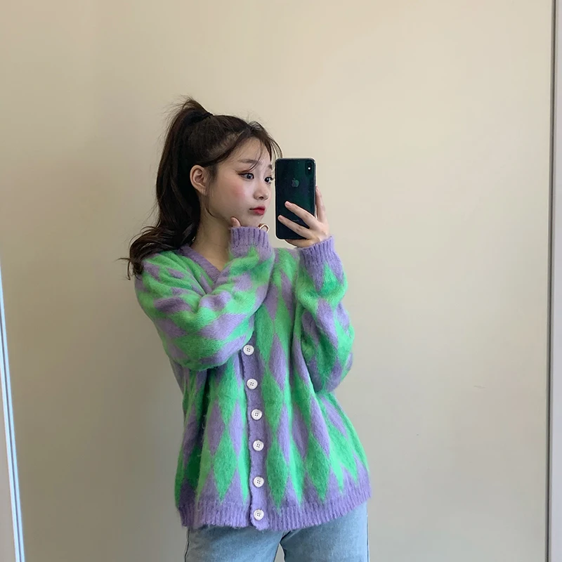 Модный бренд Ulzzang, винтажные свободные кардиганы, модный брендовый вязаный женский свитер в клетку, осенняя зимняя одежда, женская мода, Новинка