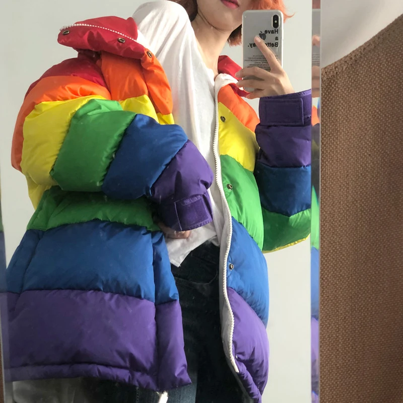 Harajuku зимняя повседневная куртка для женщин Радуга ватная парка размера плюс