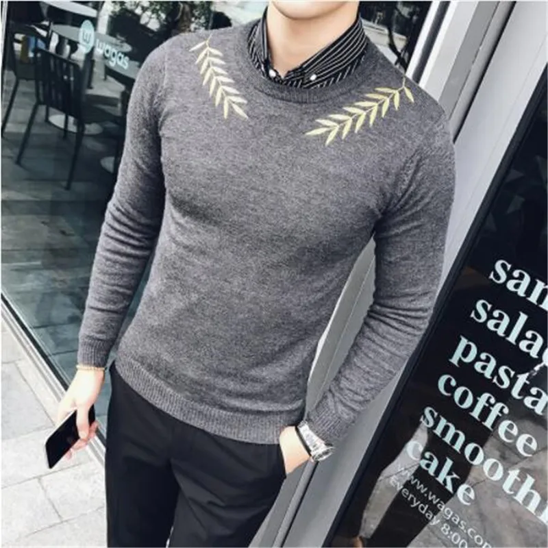 Embroidery Male Sweaters For Men Camisolas Homens Black White Grey Brown Stylish Slim Fit Elegant Sweater Hombre Kazak Erkek