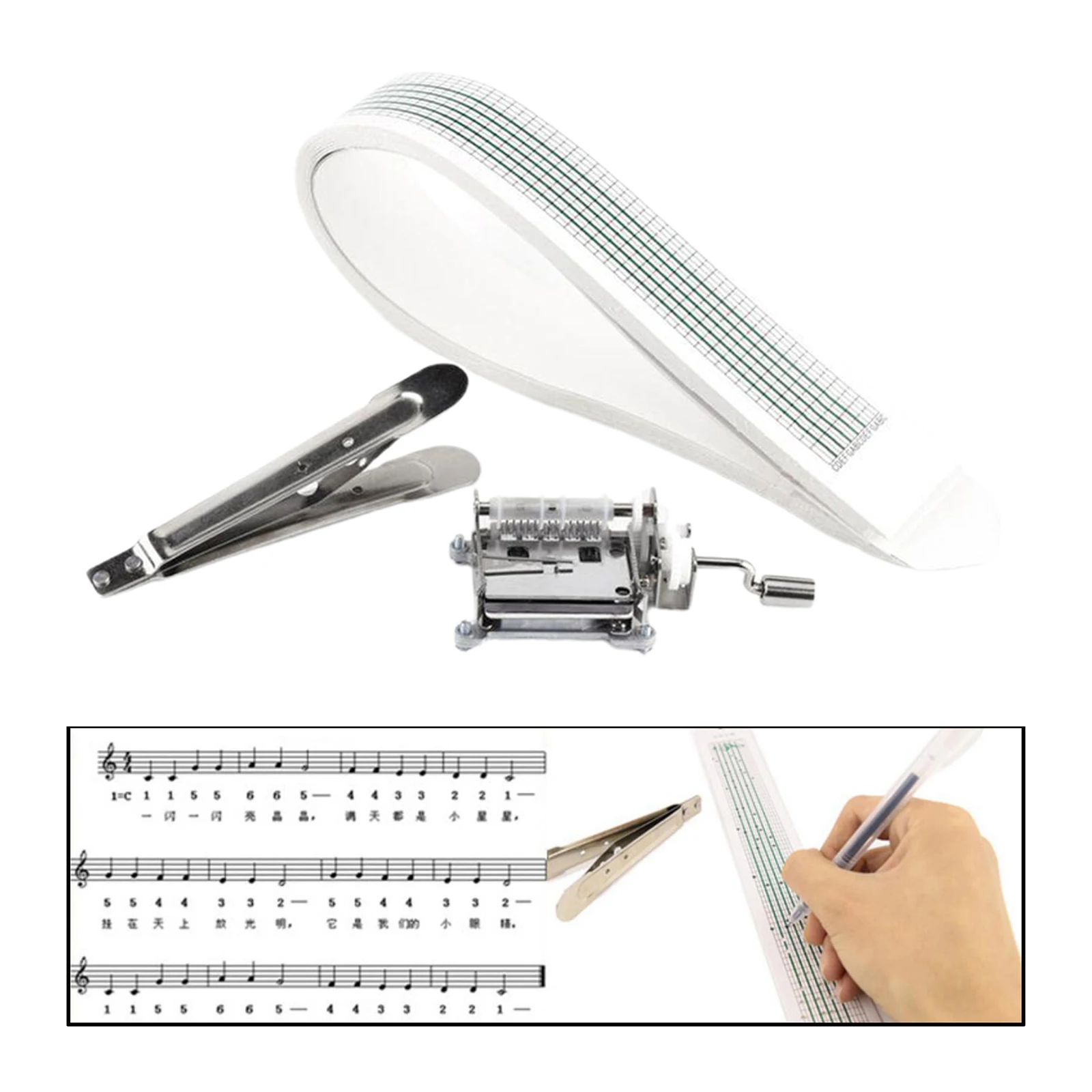 DIY Tune Hand Crank Music Box Movement 15 Note + Hole Puncher + 20 Paper Tapes