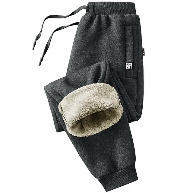 Winter Pants Men Fur Lined Joggers Men Thick Sweatpants Drawstring