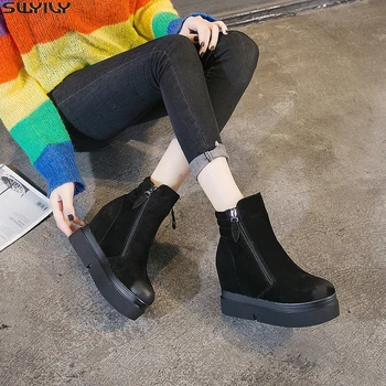 

SWYIVY Genuine Leather Boots Women Shoes Casual Zip Woman Winter Boots 2019 New Autumn Ankle Female Shoes Platform Wedge Booties