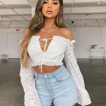 

Elegant Sexy Women Summer Ruffles Long Hollow out Hole Flare Sleeve Off shoulder tie bow knot V neck Shirt Blouse Tops