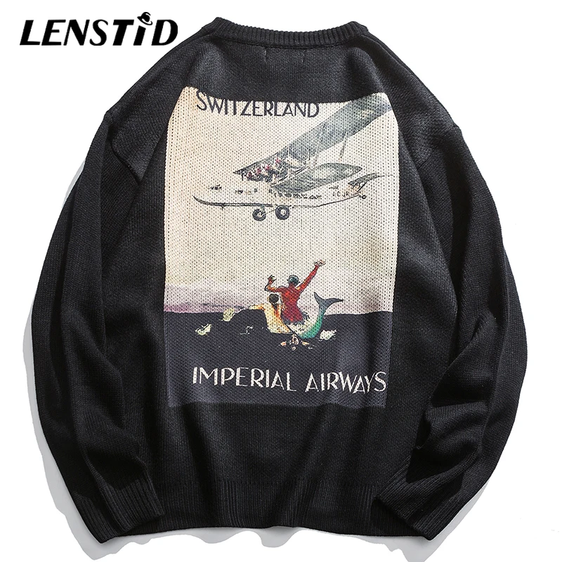 LENSTID Autumn Mens Hip Hop Switzerland Retro Painting Knitted Pullovers Harajuku High Quality Fashion Streetwear Male Sweaters