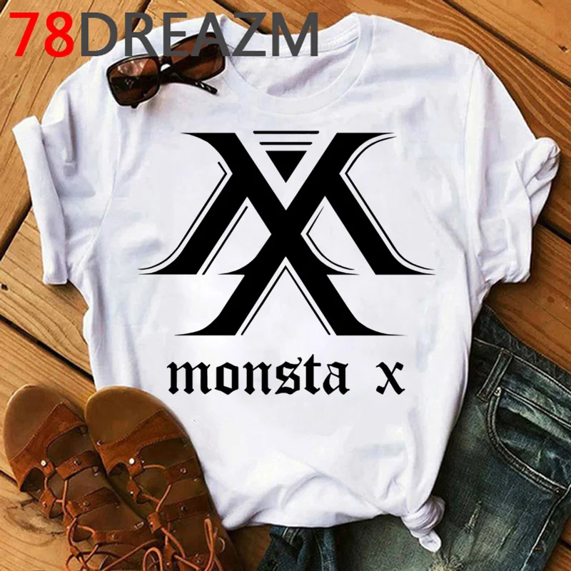 Kpop Monsta X Топы футболка Женская Корейская одежда Новинка летний топ размера плюс