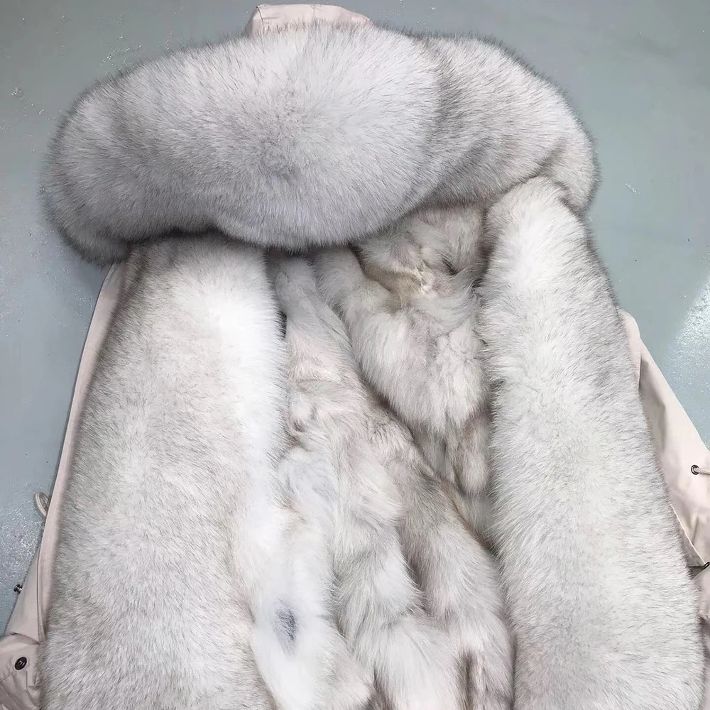 White Зимнее женское пальто, плюс, новинка, модная свободная парка из натурального Лисьего меха, пальто из натурального меха с капюшоном, Большая Меховая верхняя одежда, съемная Роскошная Одежда - Цвет: White