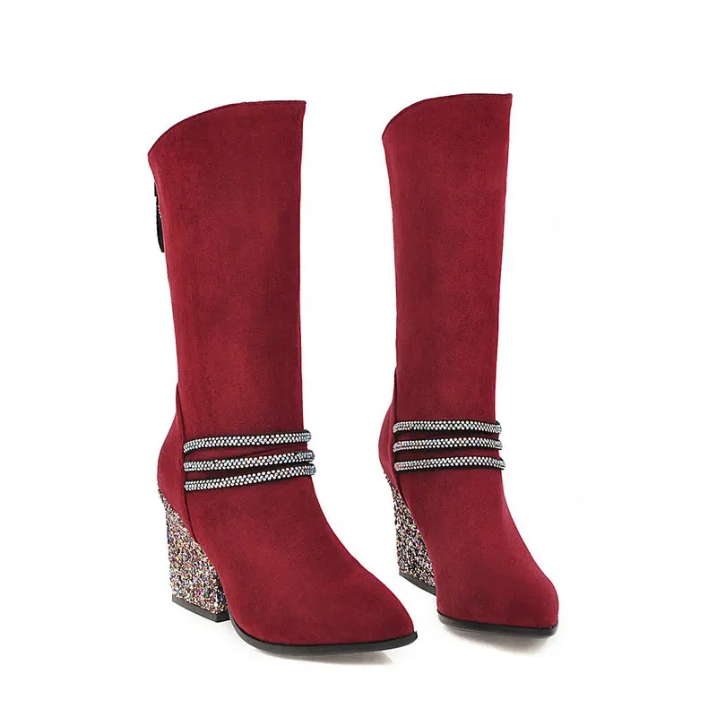 New mid-calf boots woman bling high heels boots warm autumn winter office ladies dress shoes large size 34-43