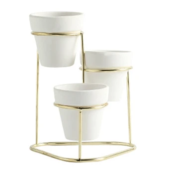 

Iron Desktop Flowerpot Succulent Plant Round Cement Pot with Simple Iron Rack Home Decoration