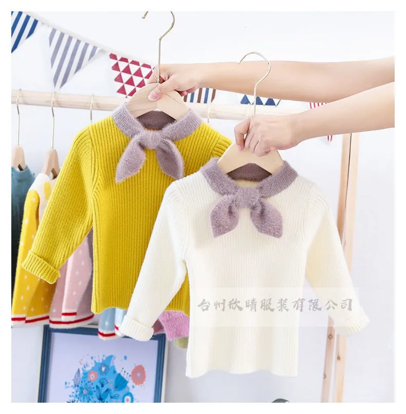 Свитер с бантом для девочек; пуловер в Корейском стиле из искусственного меха норки; кашемировый детский вязаный свитер с низкой талией; сезон осень-зима