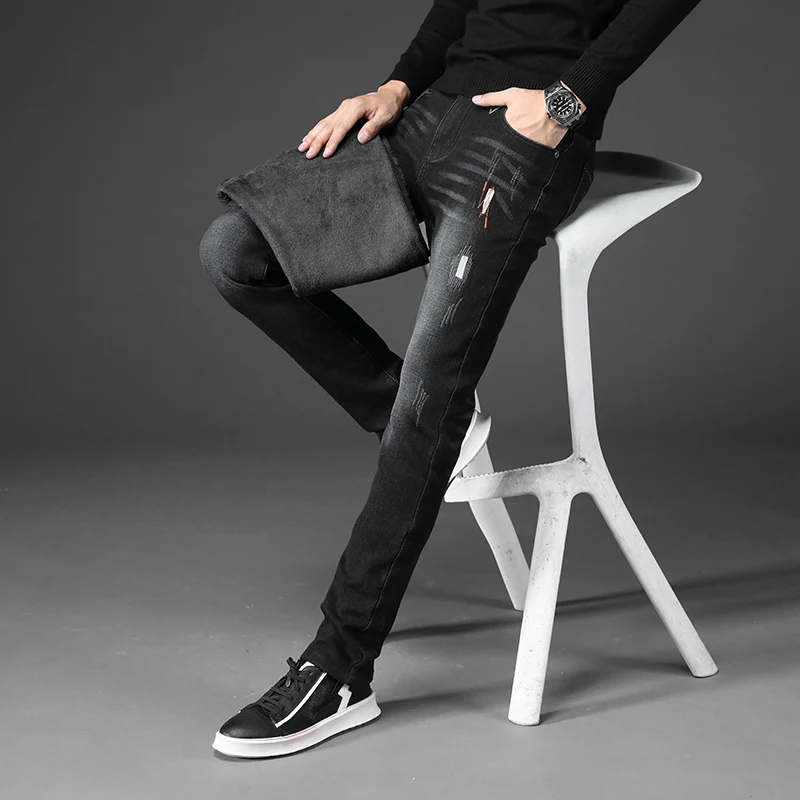 DG-2066 black POVOTE Горячая Распродажа Осень и зима качественные плисовые джинсы мужские вышитые корейские трендовые маленькие эластичные мужские джинсы - Цвет: DG-2066 black
