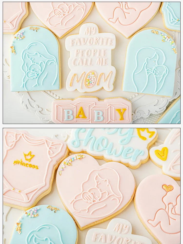 2pcs/set Baby Shower Mommy To Be Acrylic Cookie Cutter Reverse Stamp Embosser Fondant Sugar Craft Mold Cake Decoration Tool