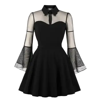 

Selene Cosplay Dress Women Dress long sleeves Turn-down Collar Stitching perspective dress black Slim soft touch sexy dresses