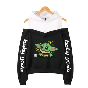 

The Mandalorian Baby Yoda Printed Off-shoulder Hoodies Women Fashion Sexy Hoodie Sweatshirt Women Fleece Warm Jacket Coat