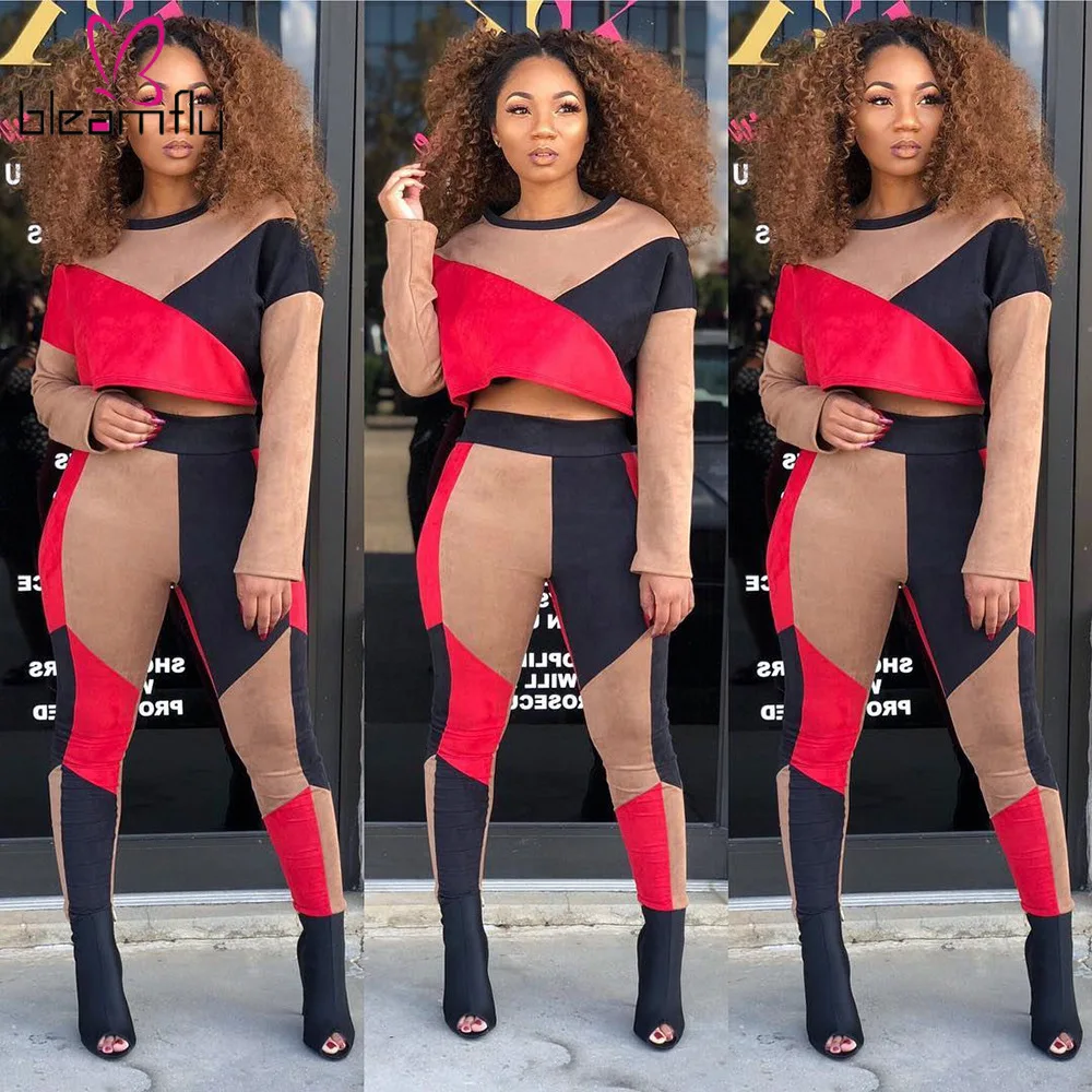 

Geometric Patchwork Autumn 2 Piece Set Women O-Neck Full Sleeve Crop Tops + Bodycon Pants Causal Outfits Plus Size Tracksuits