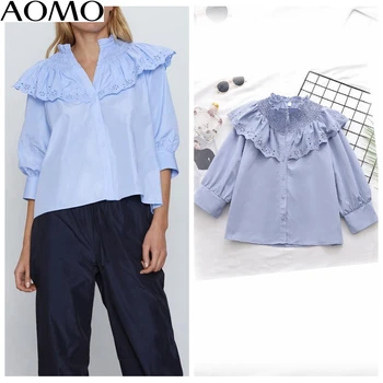 

AOMO 2020 korean style women embroidery ruffle denim shirts blue long sleeve buttons female casual tops blouses 1D301A