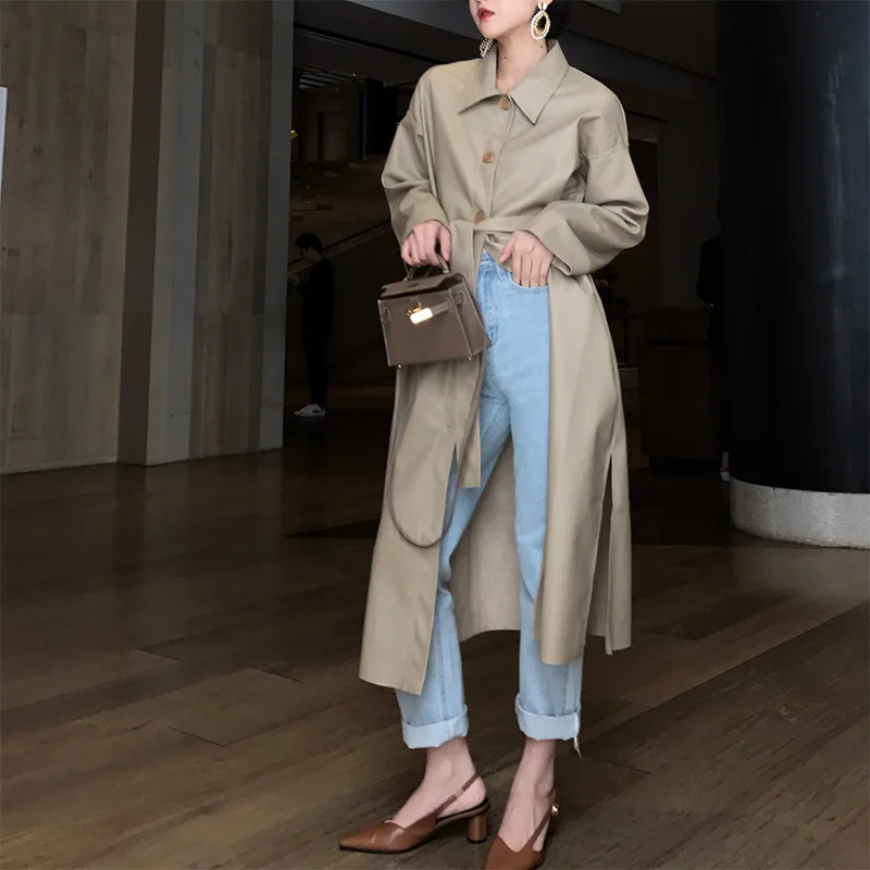 LANMREM autumn PU Leather Windbreaker women 2020 new Loose Single-breasted single breasted trench jackets with belt famale YG625