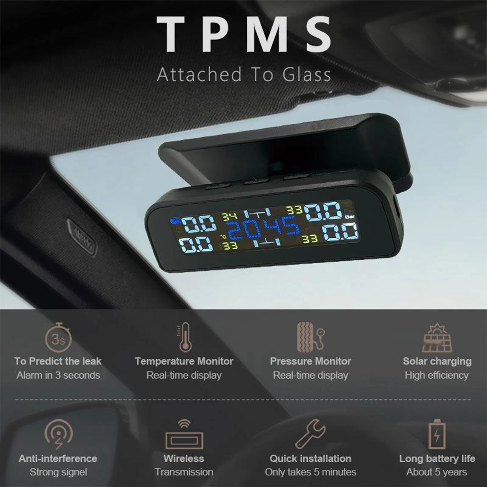 Car Tire Pressure Sensor TPMS Auto Tyre Pressure Monitor System USB Solar Charging Fuel Save Security Alarm Digital LCD Display