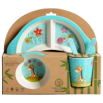 

Bamboo Fiber Baby Cartoon Eating Tableware Kids Dinner Plate Toddler Feeding Dishes Children Training Bowl Spoon Fork 5Pcs/Set