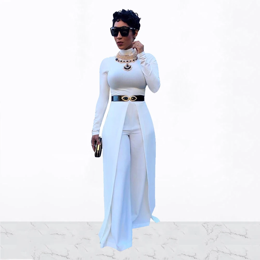 

Women Loose Party Jumpsuits Autumn Solid Turtle Neck Long Sleeve Wide Leg Pants Rompers Elegant Office Lady Plus Size Overalls