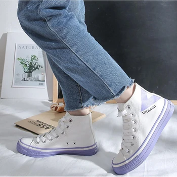 

2020 Spring Designer New Mixed Colors Hand-painted 1970s Korean High-top Casual Flat Womens White Canvas Shoes Very Fashion