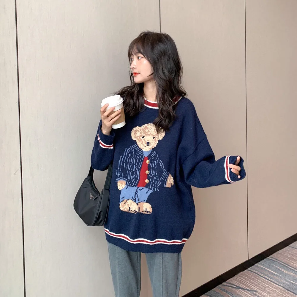 

Japanese bear fashion sweater 2020 fall/winter new lazy style outer wear retro Korean loose knit top women