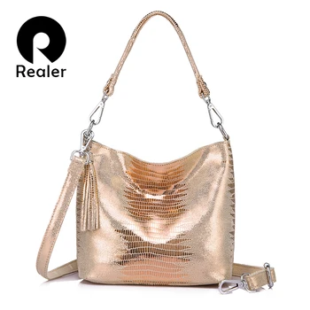 

REALER women handbags genuine leather crossbody shoulder bags female animal prints messenger hobos bags ladies small top-handle