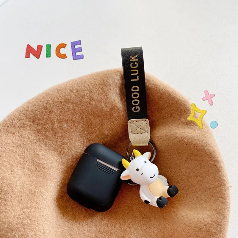 

Kawaii Antishock Protector Case for Airpods 1 2 pro Earphone Cover with Cute Cartoon Cow Hanging Ornament and Keychain Hand Rope