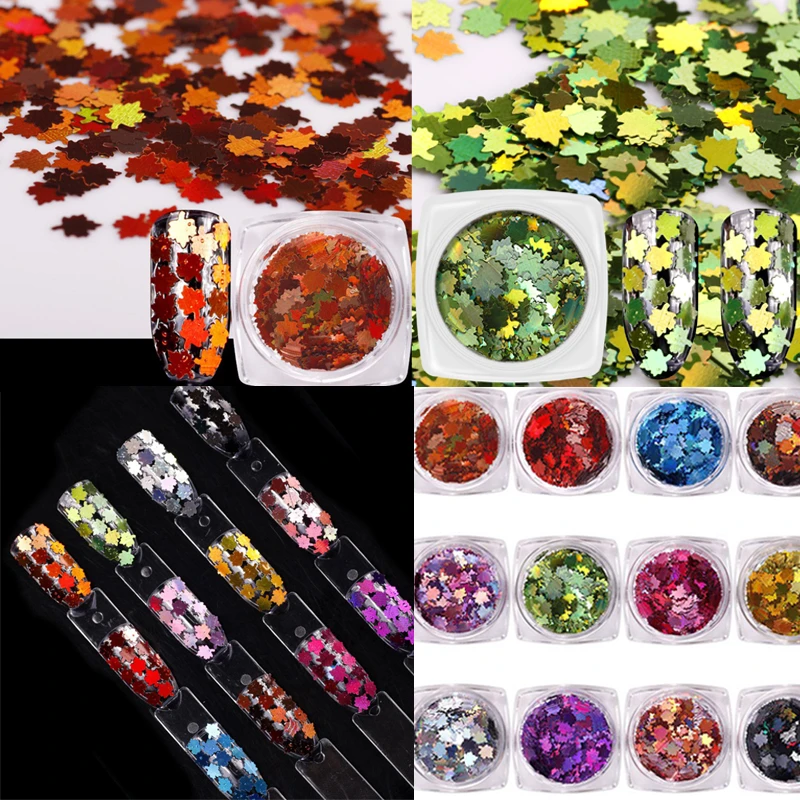 

1 Box Colored Fall Maple Leaf Sequins Laser Nails Art Glitter Thin Paillette Flakes Stickers Christmas Nail Manicure Decorations