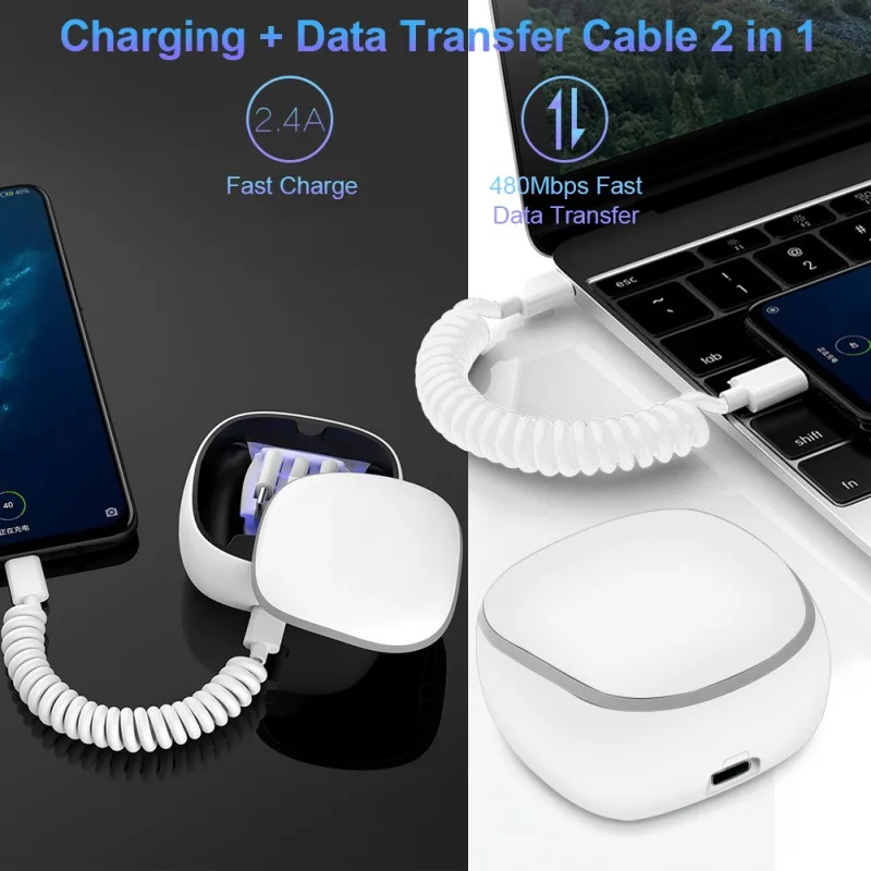 2 в 1 type-C к Micro USB/для Lightning/USB Синхронизация спиральный кабель зарядная коробка 2300 мАч банк питания зарядное устройство для iPhone Xs samsung