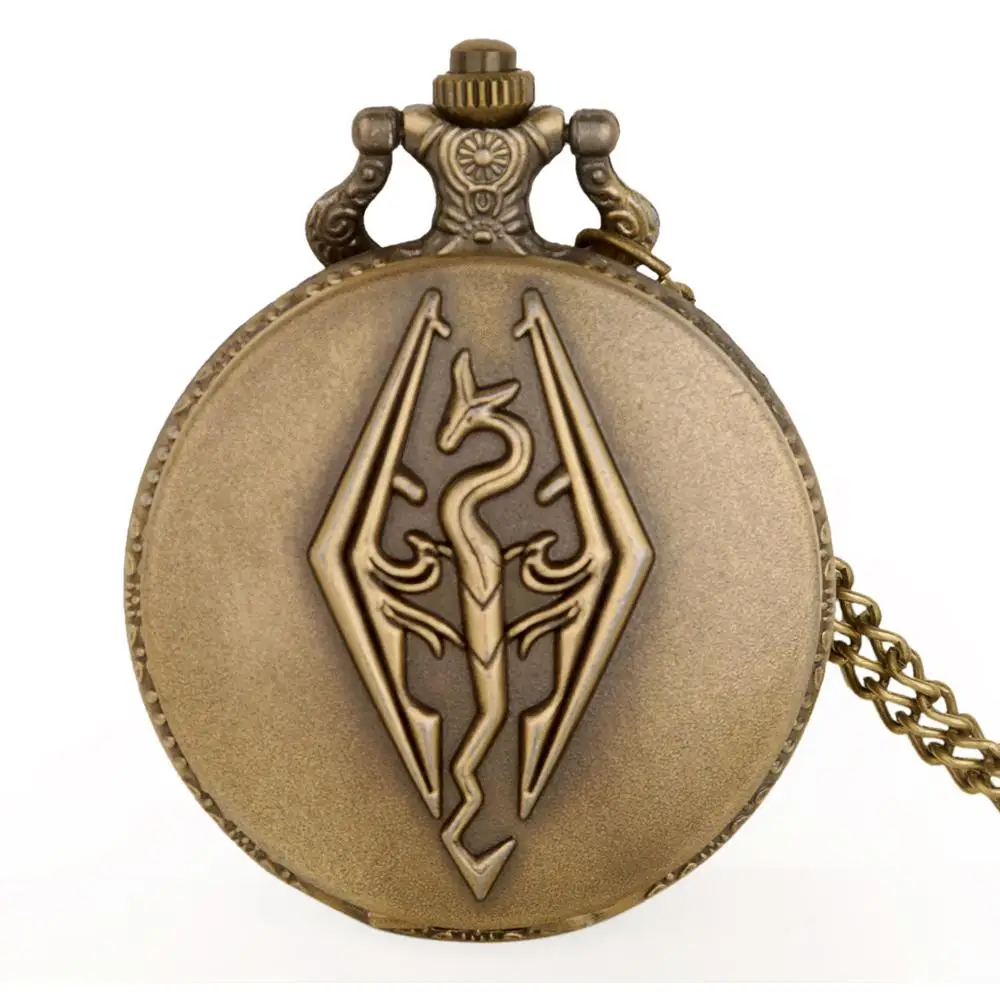 Винтажные Ретро старшие свитки Skyrim кварцевые карманные часы с цепочкой кулон ожерелье мужские женские Fob часы# TD2036