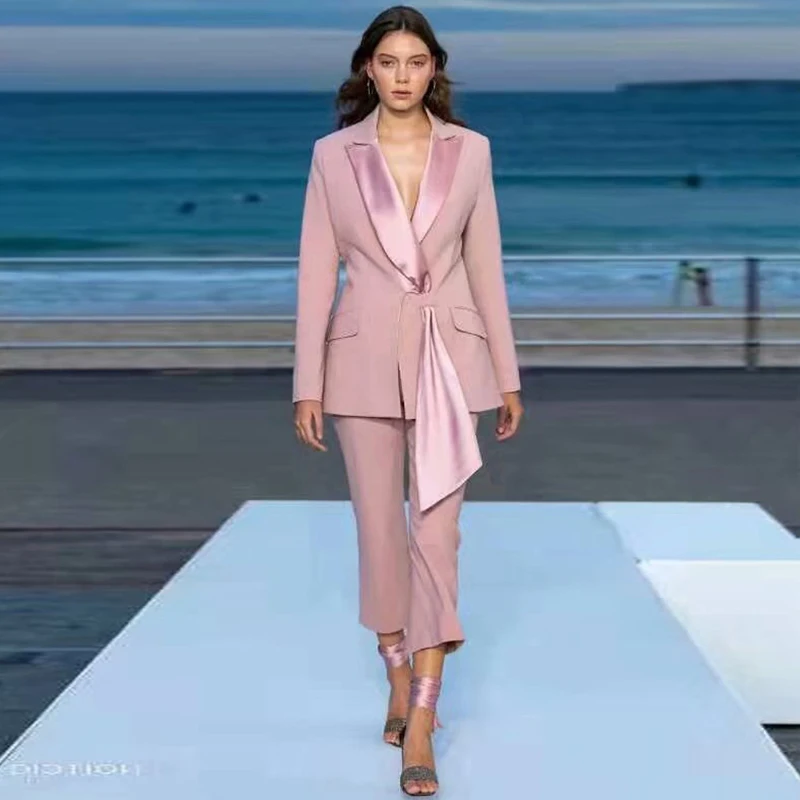 Подиум дизайнер новая мода высокое качество Осенние вечерние с отворотом костюм Топ карандаш брюки винтажные элегантные шикарные розовые женские наборы