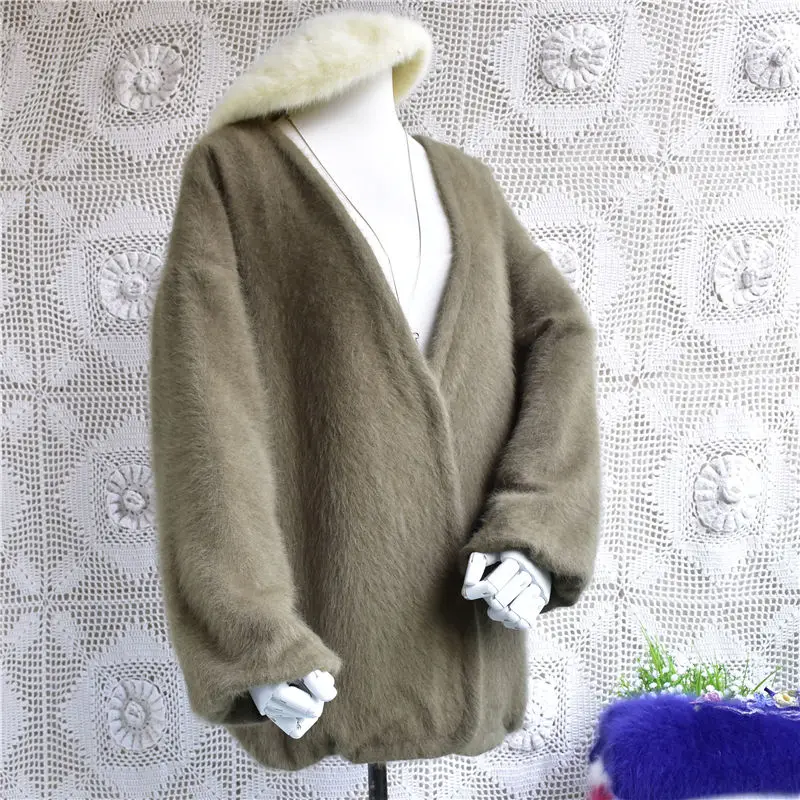 Body70chest122cm Топ mujer женский тяжелый Большой трикотаж Ангорский кроличий мех свободный длинный рукав блузки свитер пальто кардиганы куртка пальто зима - Цвет: Body70chest122cm